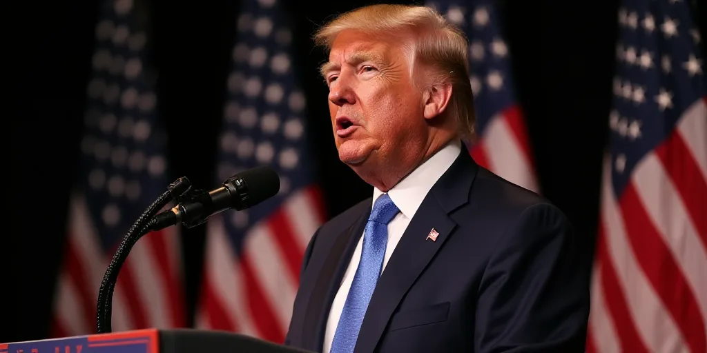 a man in a suit and tie giving a speech in front of american flags and a microphone with a microphon