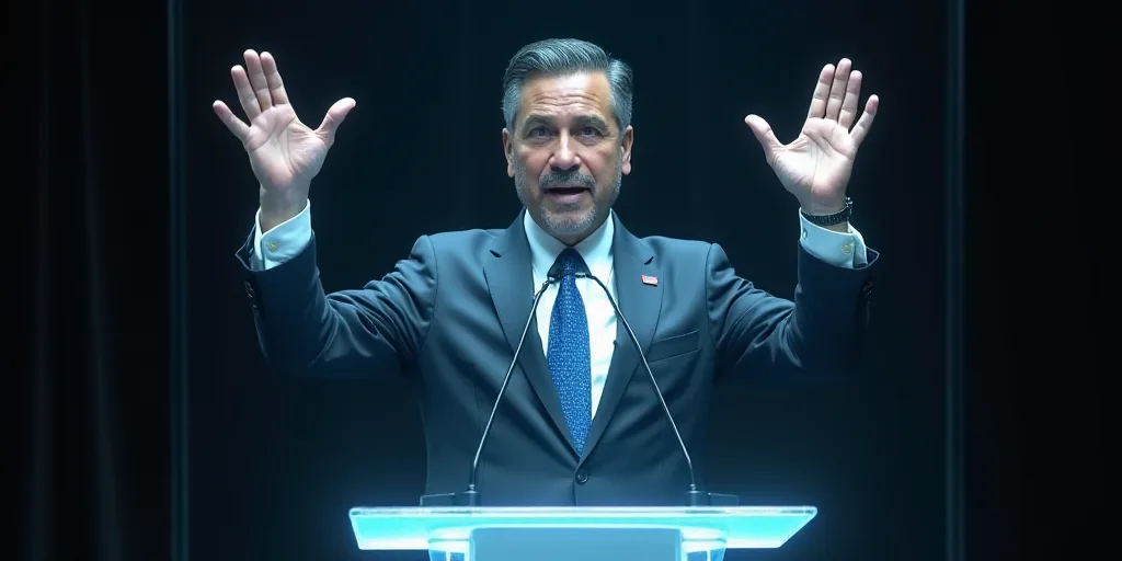 a man in a suit and tie giving a speech at a podium with his hands up in the air, Carlos Francisco C