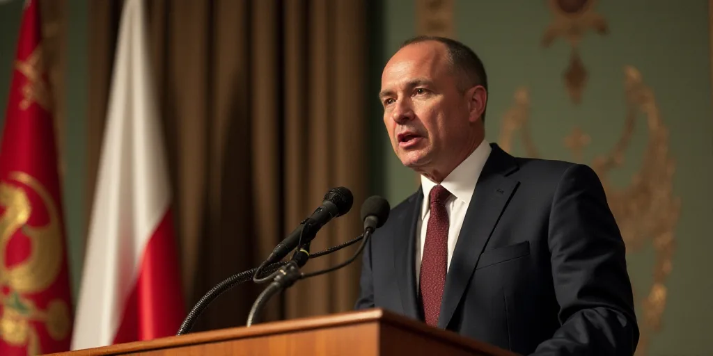 a man in a suit and tie giving a speech at a podium with a flag behind him and a microphone in the f