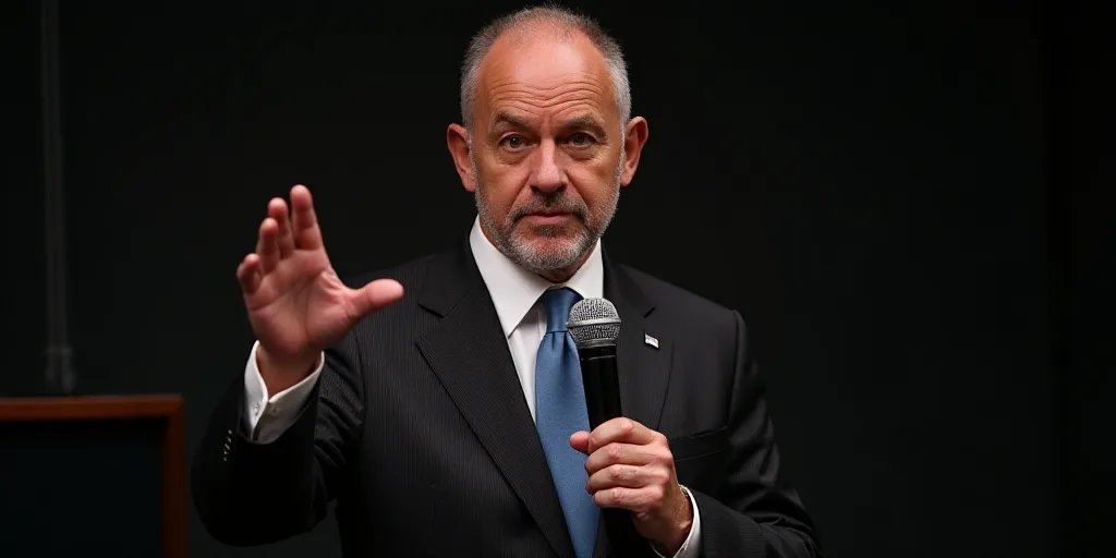 a man in a suit and tie holding a microphone in his hand and gesturing at the camera with a serious
