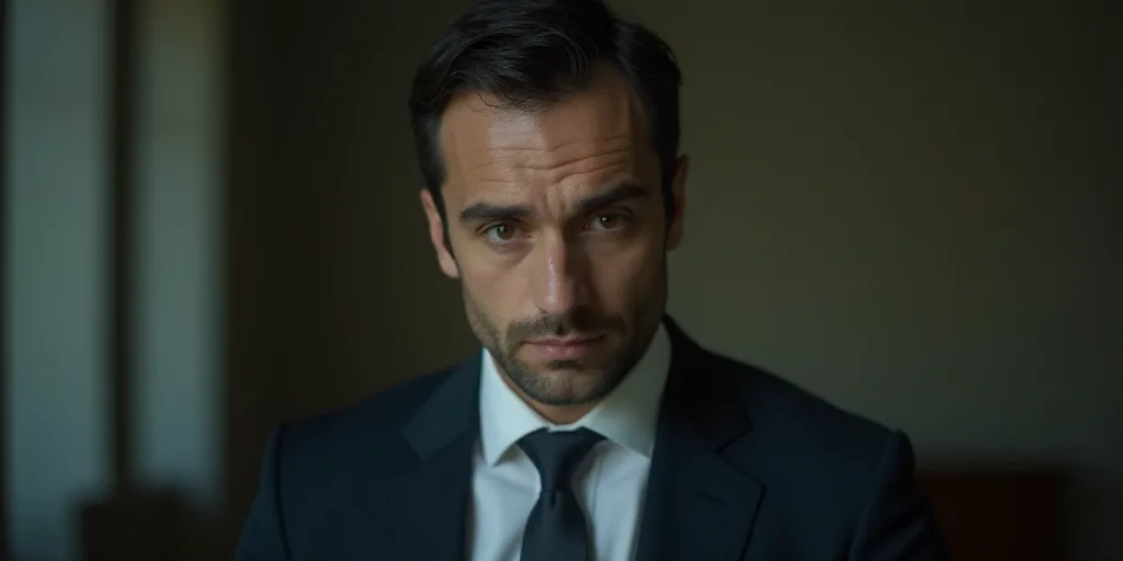 a man in a suit and tie is looking at something in front of him with a serious look on his face, De
