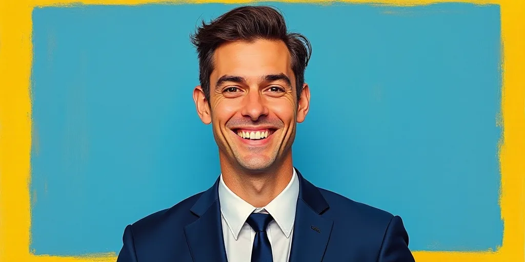 a man in a suit and tie is smiling for a picture with a blue background and a yellow border, Edward