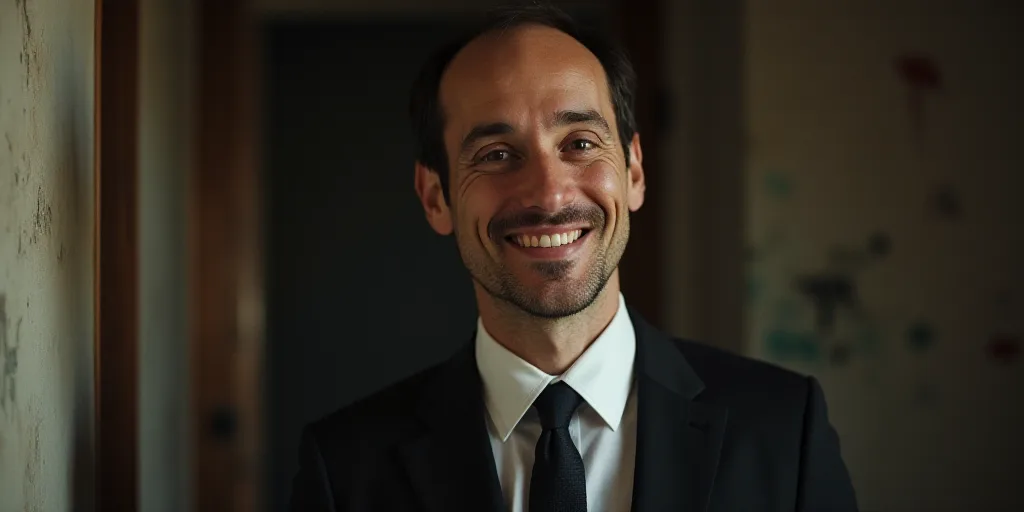 a man in a suit and tie is smiling for a picture with the caption of a business card, Enguerrand Qua