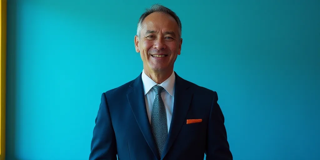 a man in a suit and tie is smiling for a picture with a blue background and a yellow border, Edward