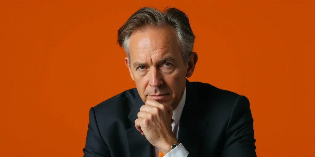 a man in a suit and tie looking at the camera with a serious look on his face and shoulder, Donald R