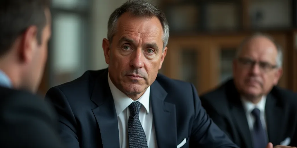 a man in a suit and tie looking at something with a serious look on his face while others look on, D