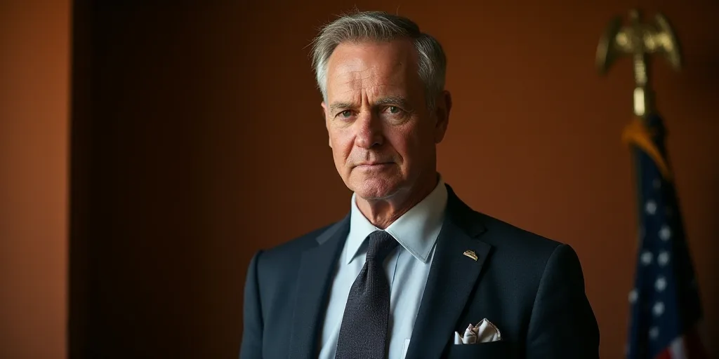 a man in a suit and tie looking at the camera with a serious look on his face and shoulder, Donald R