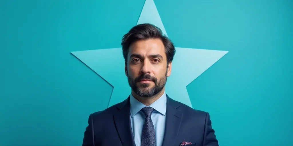 a man in a suit and tie looking at the camera with a blue background behind him and a blue star, Ant