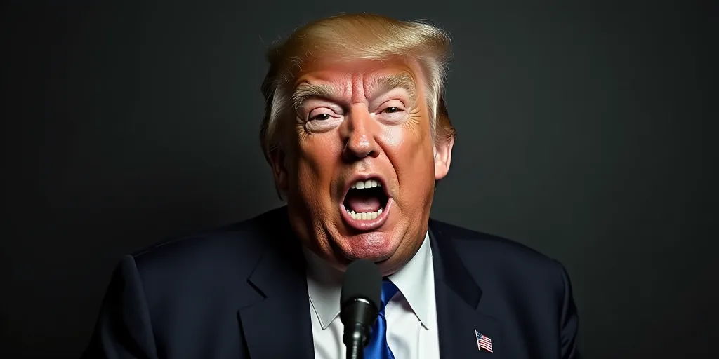 a man in a suit and tie making a face with his mouth open and a microphone in front of him, Donald R