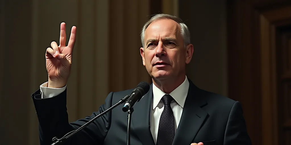 a man in a suit and tie making a peace sign with his hand while standing in front of a microphone, A