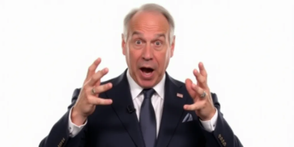 a man in a suit and tie making a face with his hands and eyes open and a white background, Dennis As