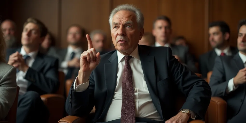 a man in a suit and tie making a face with his finger while sitting in a chair with other people, Do