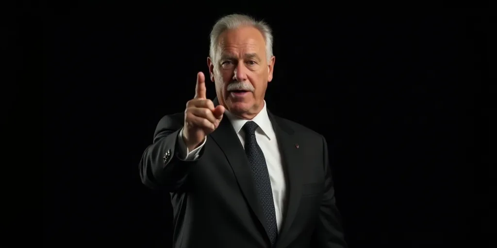 a man in a suit and tie pointing at something with his finger up in front of him and a black backgro