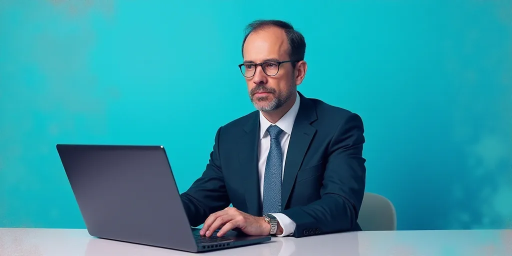 a man in a suit and tie sitting at a table with a laptop computer in front of him and a blue backgro