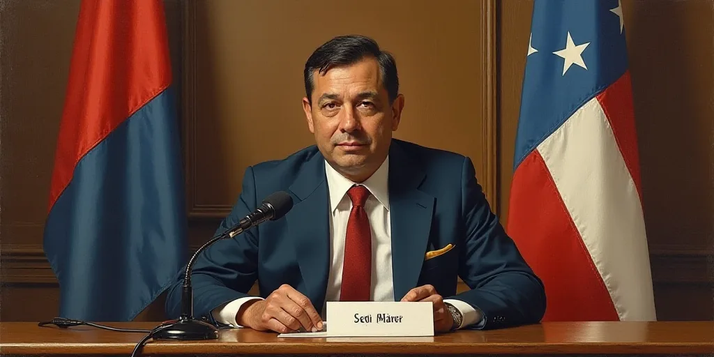 a man in a suit and tie sitting at a table with a microphone in front of him and a flag behind him,