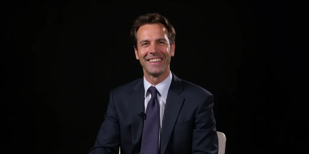 a man in a suit and tie sitting in a chair smiling at the camera with a black background and a black