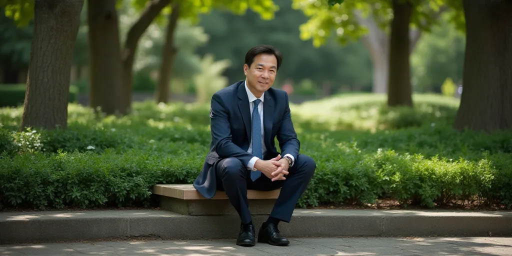 a man in a suit and tie sitting down on a bench in front of a tree filled area with plants, Andrew L