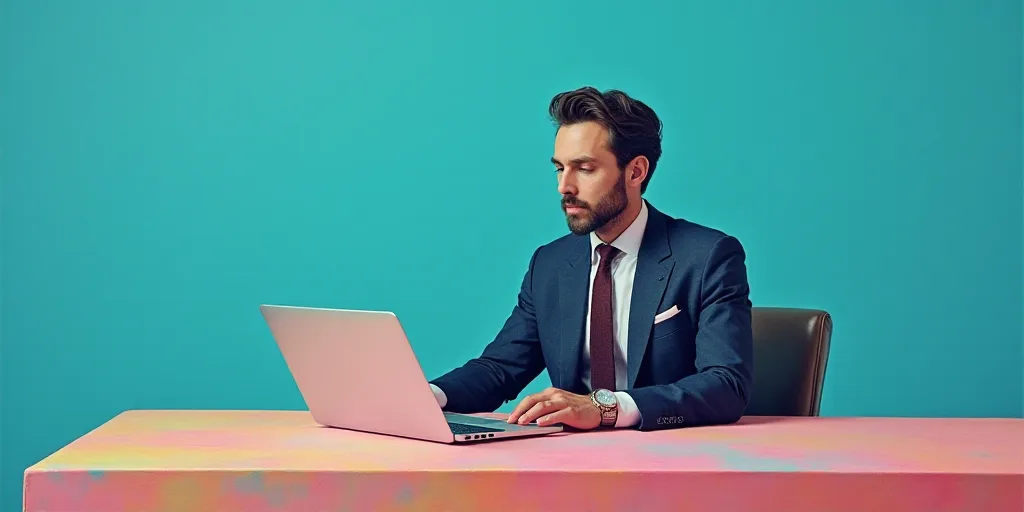 a man in a suit and tie sitting at a table with a laptop computer in front of him and a blue backgro