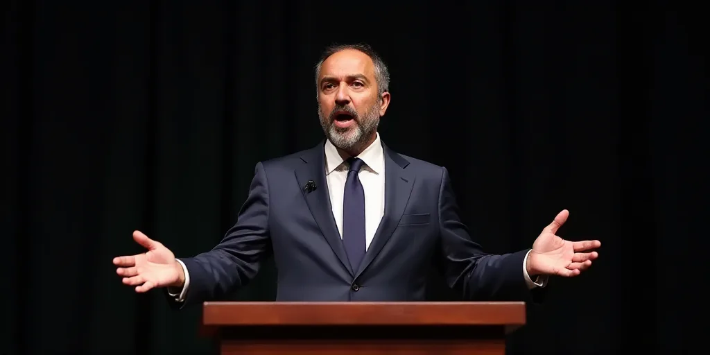a man in a suit and tie speaking at a podium with his hands out and his hands out to the side, Avigd