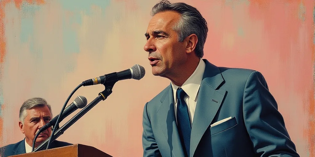 a man in a suit and tie speaking into a microphone with a microphone in front of him and a microphon