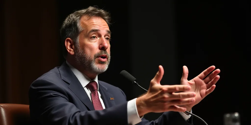 a man in a suit and tie speaking into a microphone with his hands out in front of him and a micropho