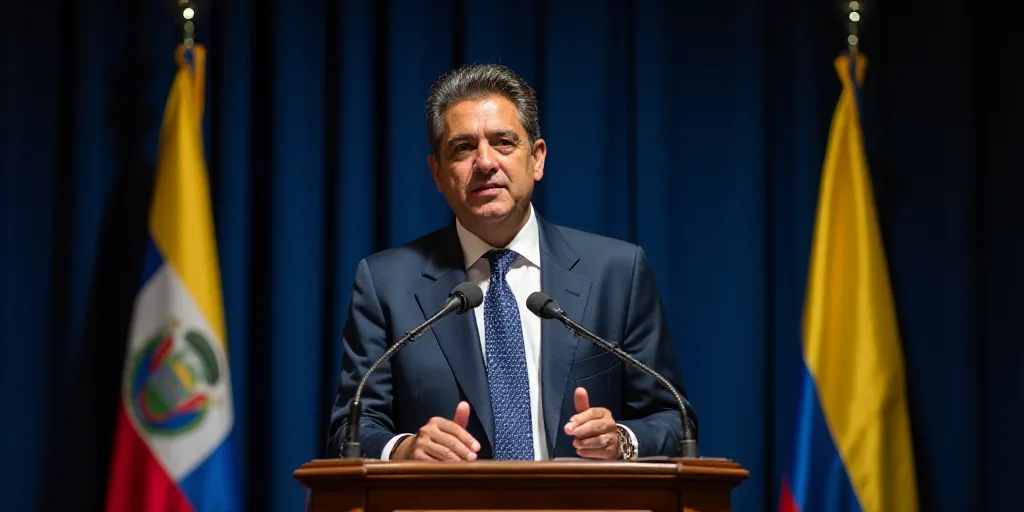 a man in a suit and tie speaking at a podium with flags behind him and a microphone in front of him,