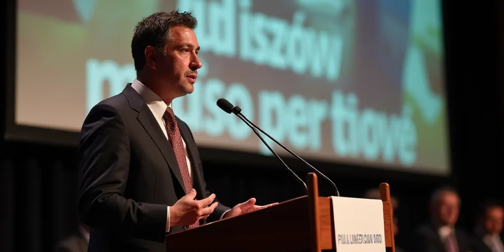 a man in a suit and tie speaking into a microphone at a podium with a screen behind him and a sign b