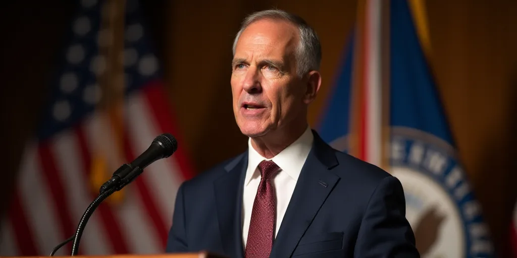 a man in a suit and tie speaking at a podium with a flag behind him and a microphone in front of him