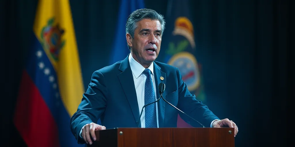a man in a suit and tie speaking at a podium with a microphone in front of him and a flag behind him