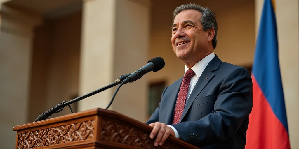 a man in a suit and tie speaking at a podium with a flag behind him and a microphone in front of him