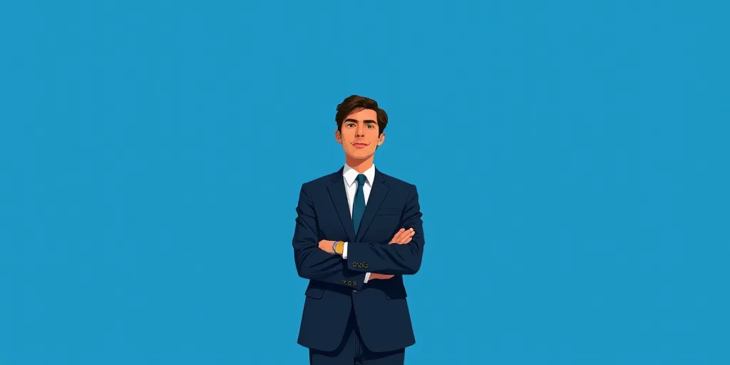 a man in a suit and tie standing with his arms crossed in front of him, with a blue background, Carl
