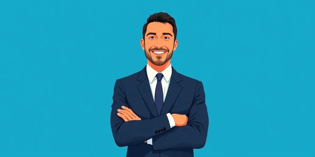 a man in a suit and tie standing with his arms crossed in front of him, with a blue background, Carl