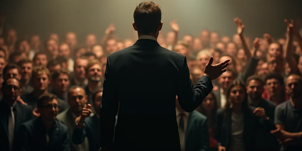 a man in a suit and tie standing in front of a crowd of people holding their hands out to the side,