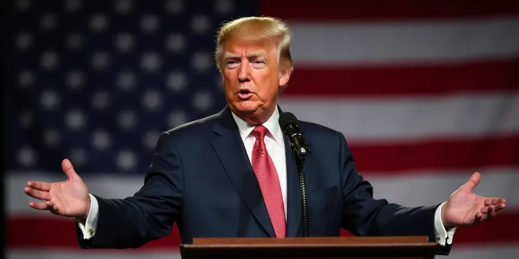 a man in a suit and tie standing in front of a flag and a microphone with a microphone in front of h