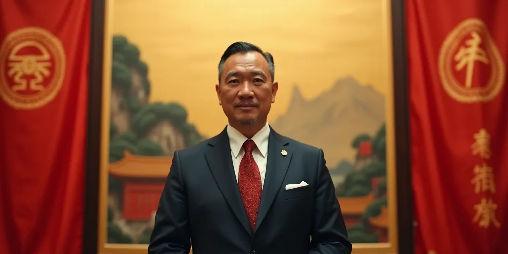 a man in a suit and tie standing in front of red flags and a picture of a mountain behind him, Emper