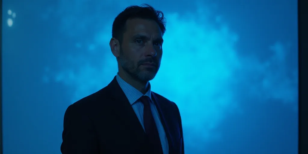 a man in a suit and tie standing in front of a blue background with a caption that reads miguel gonz