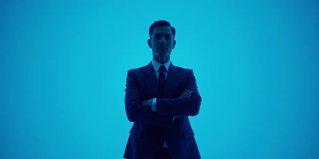 a man in a suit and tie standing with his arms crossed in front of him with a blue background, Estua