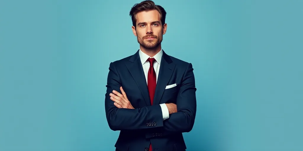 a man in a suit and tie standing with his arms crossed in front of him with a blue background, Anton