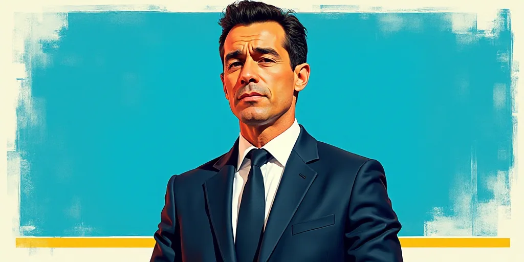 a man in a suit and tie standing in front of a blue background with a white and yellow border, Carlo