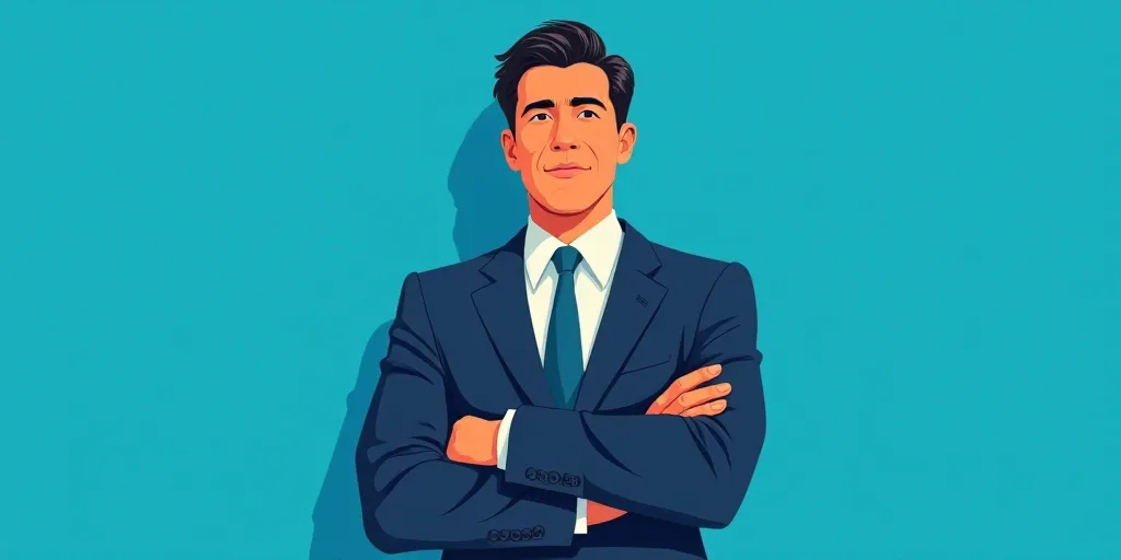 a man in a suit and tie standing with his arms crossed in front of him, with a blue background, Carl