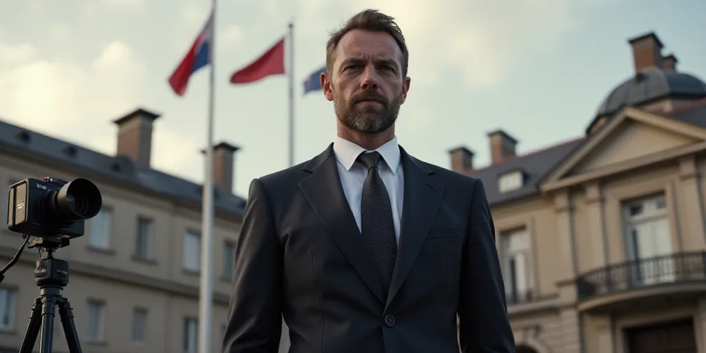a man in a suit and tie standing in front of a building with flags behind him and a camera, André P