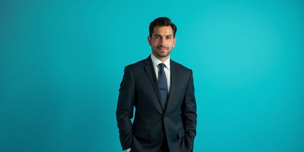 a man in a suit and tie standing in front of a blue background with a black and white photo, Alejand