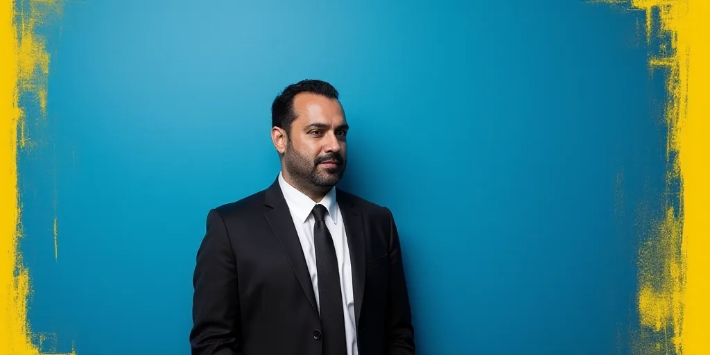 a man in a suit and tie standing in front of a blue background with a yellow border and a black and