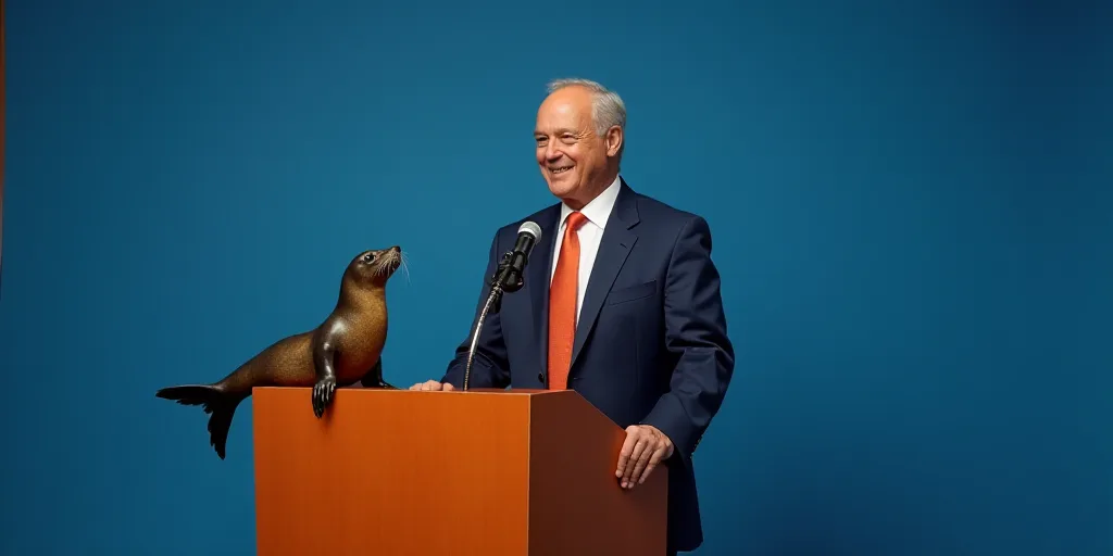 a man in a suit and tie standing behind a microphone with a seal on it's side and a blue background,