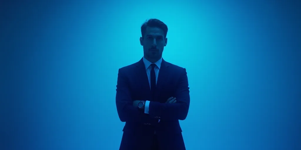a man in a suit and tie standing with his arms crossed in front of him with a blue background, Enriq