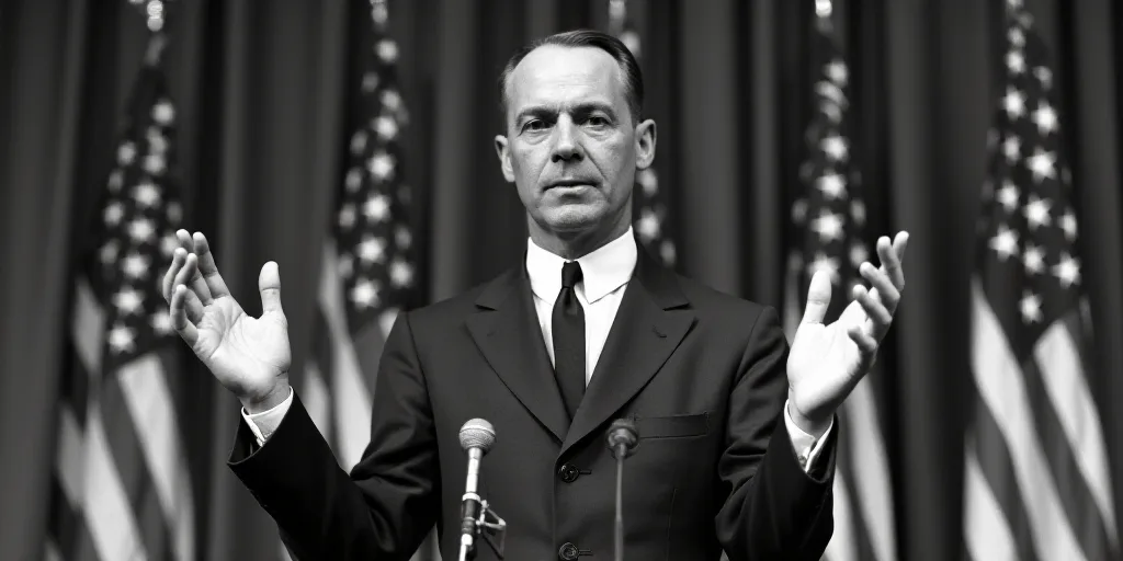 a man in a suit and tie standing in front of flags and microphones with his hands up in front of him
