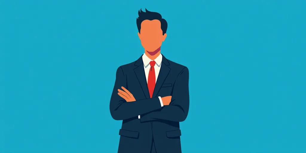 a man in a suit and tie standing with his arms crossed in front of him, with a blue background, Carl