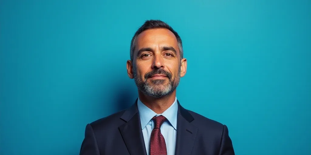 a man in a suit and tie standing in front of a blue background with a caption that reads, louis migu