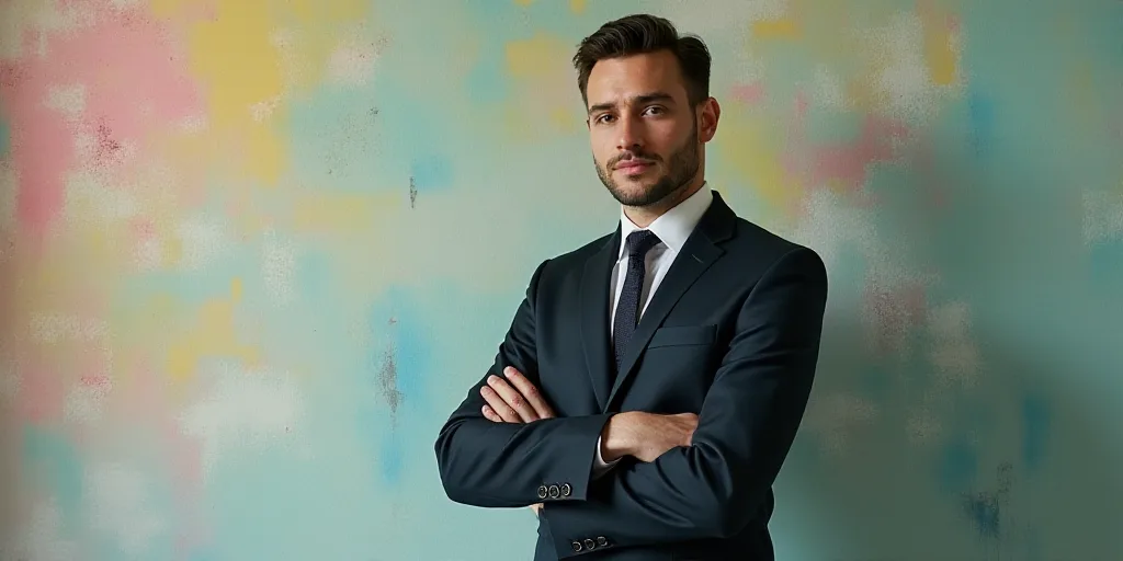 a man in a suit and tie standing with his arms crossed in front of him, with the caption of a photo
