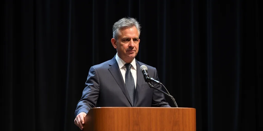 a man in a suit and tie standing at a podium with a microphone in front of him and looking at the ca